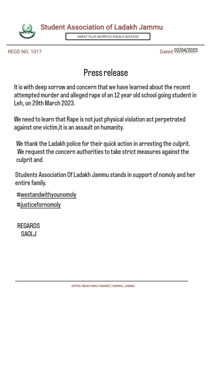 saolj_'s tweet photo. Students association of ladakh Jammu stands in support of nomoly and her entire family.
#westandswithnomoly #justicefornomoly https://t.co/DQisdy8dwA