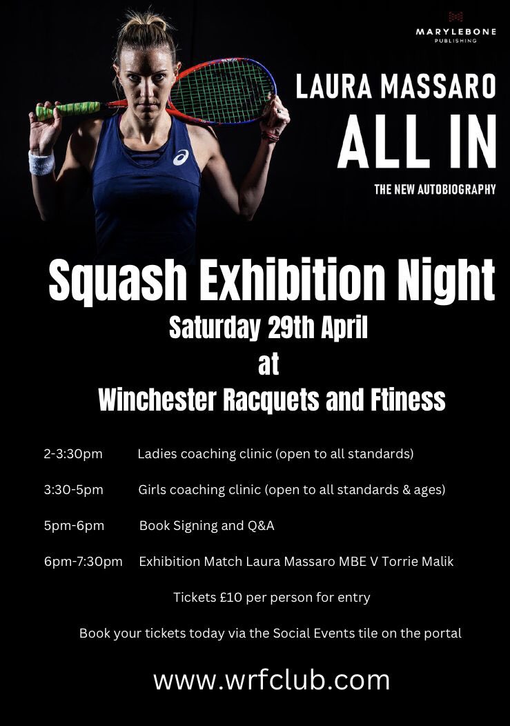 Laura Massaro MBE (@ljmassaro) on Twitter photo Looking forward to this at <a href="/WinchSquash/">Winchester Squash</a> with <a href="/Torrie_Malik03/">Torrie Malik</a> ๐๐ผ
Tickets available from the club!! Looking forward to this at <a href="/WinchSquash/">Winchester Squash</a> with <a href="/Torrie_Malik03/">Torrie Malik</a> ๐๐ผ
Tickets available from the club!!