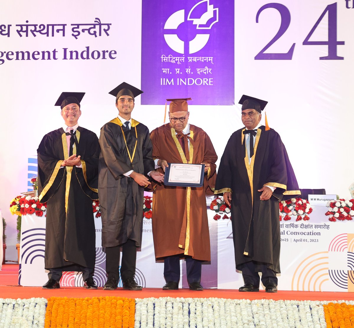 IIM_I's tweet photo. Here's to the #IPM Gold Medalists! A big congratulations to Dhruv Dhhochak for earning the prestigious #IIMIndore Gold Medal for Scholastic Performance Rank 1 at the #24thConvocation. Your hard work & dedication have paid off! (1/3)
#Convocation2023 #ScholasticExcellence https://t.co/Bfhf2kIjm4