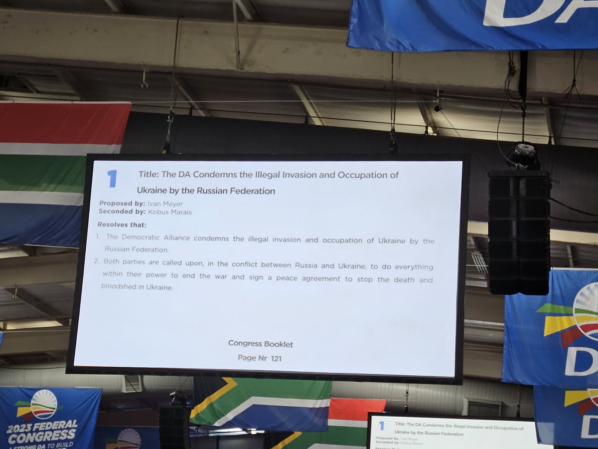 Second and last day of #DAcongress2023 Delegates are now dealing with resolutions. And the first resolution being discussed is the Ukraine/Russian war. @News24 (@BongeMacupe)