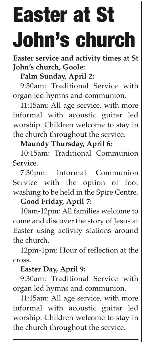 Thanks to Goole Times for printing our Holy Week services 

Do come along and join in this week!