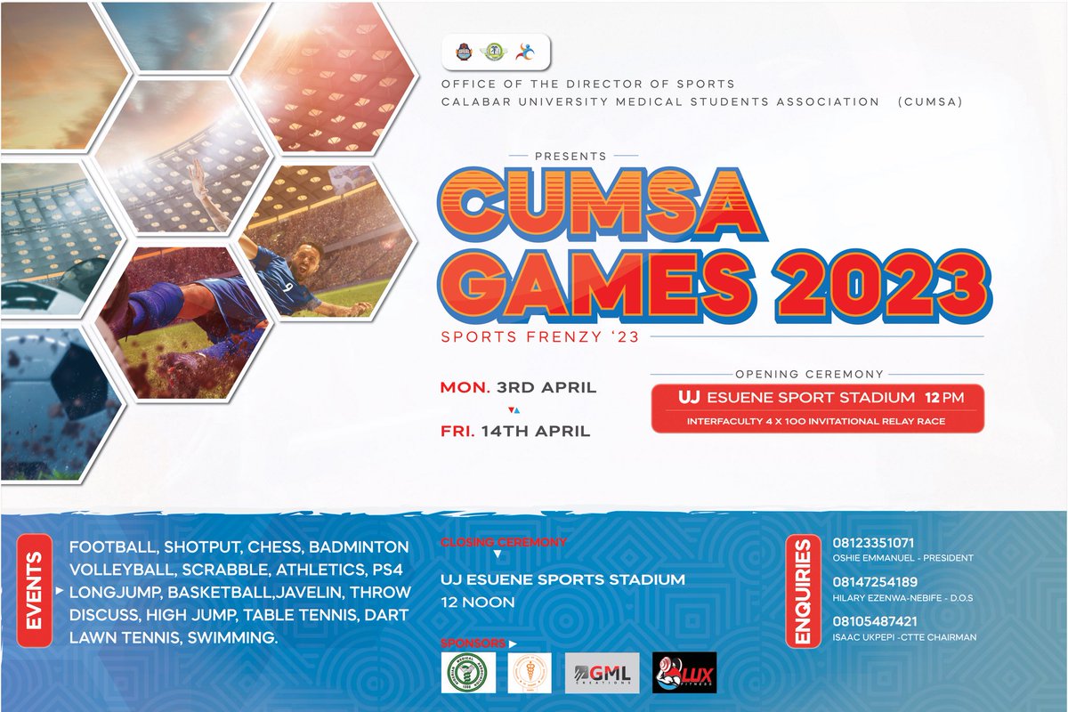 EmmyRay247's tweet photo. I present to you CUMSA GAMES 2023,the most anticipating Event in UNICAL, it is coming live on 3rd of April,2023 tomorrow (opening ceremony) at UJ ESUENE STADIUM with an invitational interfaculty 4*100m Relay Race for males and females and and 3 other matches.Don’t miss this pls. https://t.co/cVgOWMlgP6