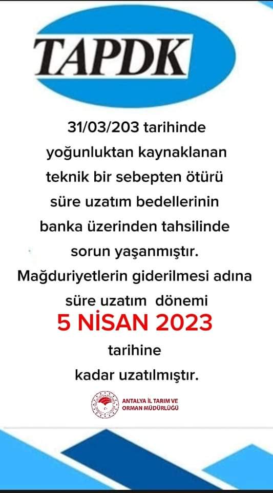 MehmetRZGAR2's tweet photo. Önemli Duyuru ‼️

31/03/203 tarihinde yoğunluktan kaynaklanan teknik bir sebepten ötürü süre uzatım bedellerinin 
banka üzerinden tahsilinde 
sorun yaşanmıştır. Mağduriyetlerin giderilmesi adına 
süre uzatım  dönemi
5 NİSAN 2023 
tarihine kadar uzatılmıştır.

#TAPDK https://t.co/XUjE6Ts1nI