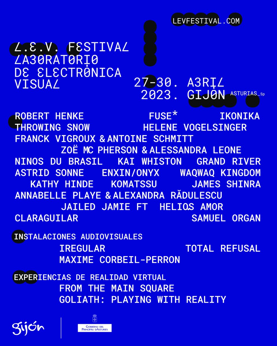 levfestival's tweet image. ⠿ Así queda el cartel de #LEVFestival 2023 ⠿

Más de una treintena de artistas se darán cita en #Gijón [Asturias] para presentar sus insólitas y rompedoras propuestas, entre conciertos, performances audiovisuales, instalaciones y experiencias VR ↳ levfestival.com/23-gijon/