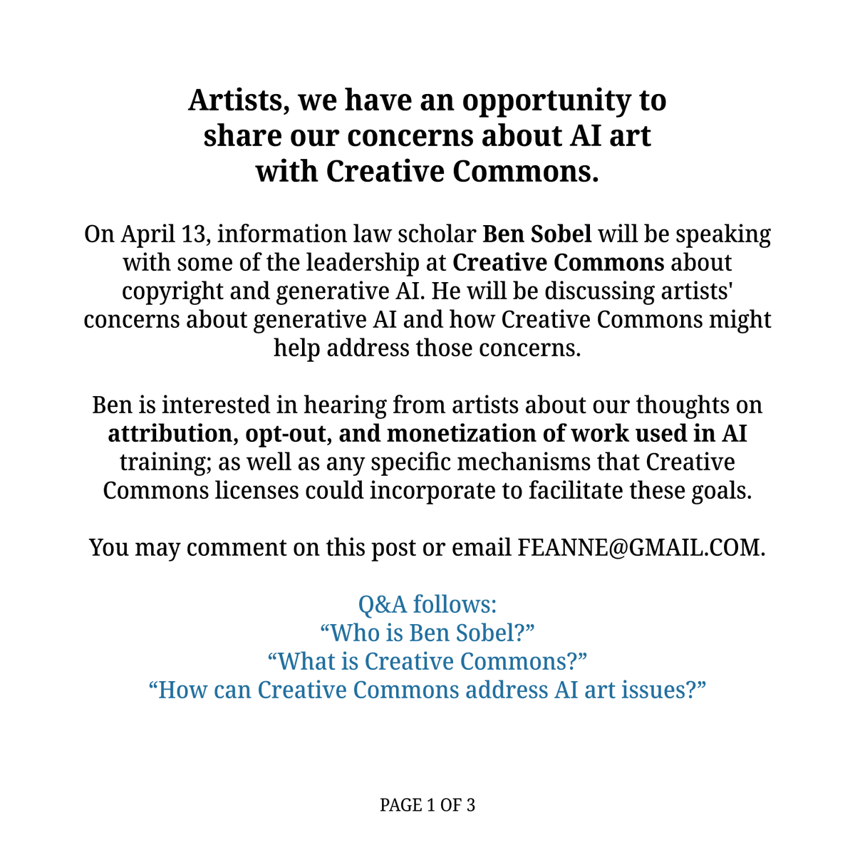 Artists, we have an opportunity to
share our concerns about AI art
with Creative Commons via info law scholar Ben Sobel. Please consider sharing this post and/or sending your feedback. (a thread) 1/
