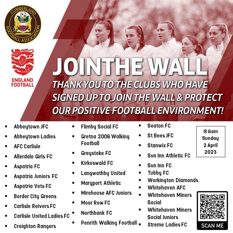 CumberlandFA's tweet photo. 👍🤝⚽️ | 3️⃣2️⃣ #Cumberland Clubs have signed up to #JoinTheWall & have committed to protect our positive football environment!
Clubs can sign up TODAY ⬇️
https://t.co/q6iPBHkLaU
We’re asking participating teams to enter our competition to show that👇
#WeJoinedTheWall https://t.co/RTMl9SSfPD