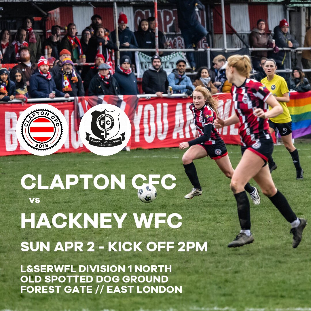 ⚽️ Matchday! East London derby day against friends <a href="/hackneywomensfc/">hackneywfc</a>.

No CCFC games at Easter so let's make it special.

📍 <a href="/OldSpottedDogE7/">The Old Spotted Dog Ground</a>
🕑 Kick off 2pm 
🎟️ Free, donations welcome 
🥙 Fusion Foods 
🍻 Bar open 1pm
🎶 DJs Gina Baber &amp; <a href="/OldDogsDisco/">Old Dogs Disco</a>

claptoncfc.co.uk/2023/03/27/cla…