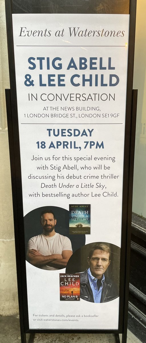 Have you seen who is In Conversation? Lee Child & Stig Abell! Discussing Stig’s debut crime novel #DeathUnderaLittleSky  Tickets available via the website waterstones.com/events/a-speci…