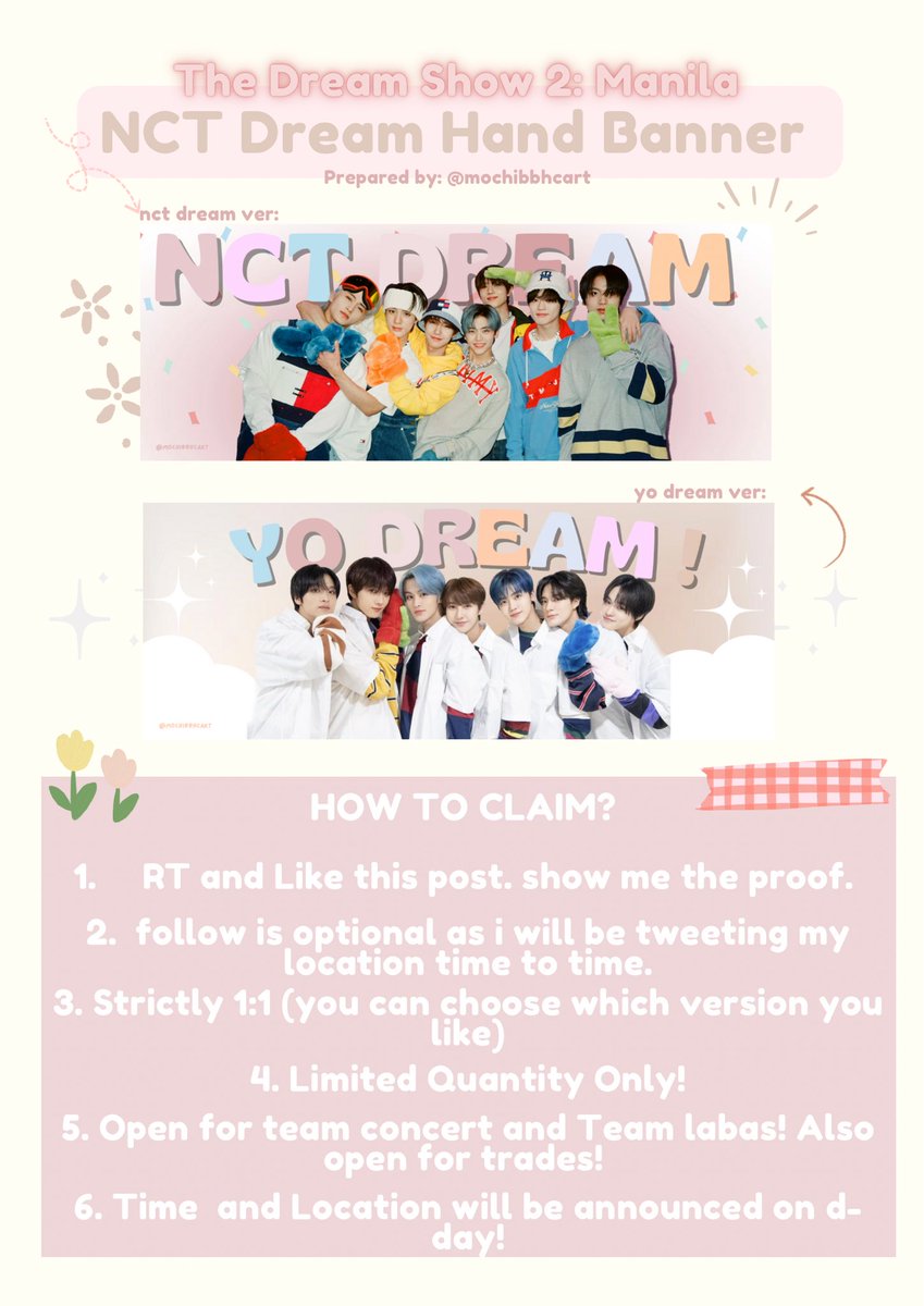 mochibbhcart's tweet photo. ✧ THE DREAM SHOW 2 : IN A DREAM IN MANILA ✧

i’ll be giving away nct dream hand banners on day 2

✧ like and rt, follow (optional)
✧ 1:1 ( also open for trades )
✧ first 2 czennies to approach me, will get an official photocard from me!

#THEDREAMSHOW2_in_MANILA https://t.co/GksB5f1JgC