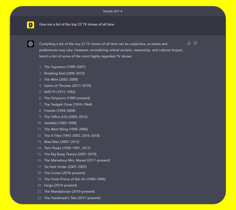 WGMImedia's tweet photo. The top 22 TV shows of all time:

(according to GPT-4) https://t.co/5wBjR4dWsp