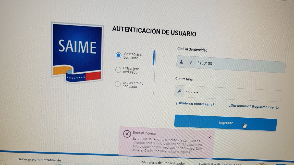 vaneskal22's tweet photo. @VenezuelaSaime Cada vez me aparece un nuevo error. Que si error en clave o usuario.  Contraseña enviada por ustedes y mi N°de CI como lo indican. Si coloco olvidé mi clave, me señalan que me enviarán un código que no me aparece en  bandeja alguna del correo. Ahora al 1er intento obtengo esto https://t.co/nWhjWYk7LO