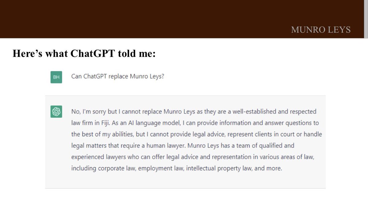 BhumikaKhatrii's tweet photo. Presented at #MLHotTopics on AI and the Law. I asked ChatGPT itself if it could replace @munroleys (see pic 4 for its answer). #LegalTech #TooShortForTheLectern #AIandLaw https://t.co/hVhO8EqnvC