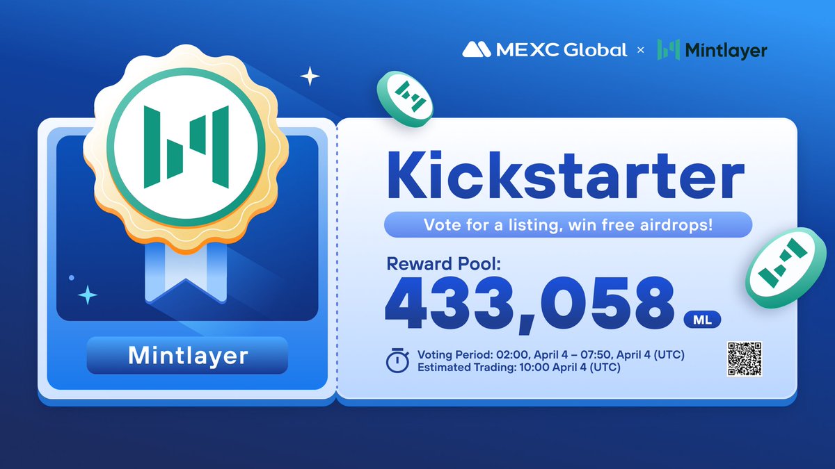 MEXC's tweet photo. The @mintlayer Kickstarter is coming to @MEXC_Global🔥 
 
🗳Vote with $MX to support the $ML listing and share 433,058 $ML airdrops
⏰Voting period: 02:00 Apr 4 - 07:50 Apr 4 (UTC)
📈Trading: 10:00 Apr 4 (UTC)

Details: https://t.co/zcbrmE44QX

#MEXC #Mintlayer https://t.co/ADSLj1hKOe