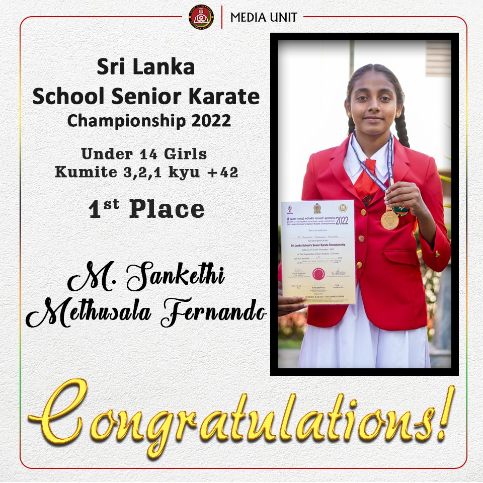 voiceofnewstead's tweet photo. CONGRATULATIONS !!

Warm wishes for Miss. M. Sankethi Methusala Fernando for winning 1st Place at Srl Lanka Senior Karate Championship - Under 14 Girls Kumite 3,2,1 kyu + 42

#waytogo #karatechampionship #srilanka https://t.co/yP7Z7yNDzY