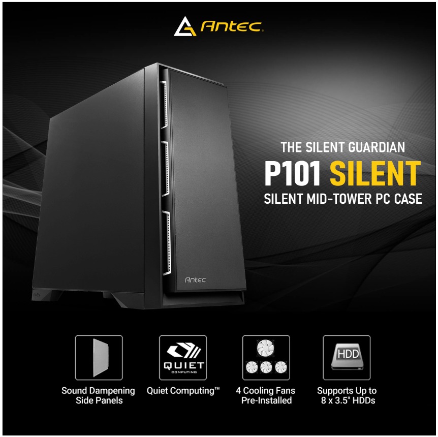 antec_india's tweet image. Antec&apos;s P101 Silent case is designed for quiet operation, with sound-dampening panels and advanced ventilation for optimal cooling. #PCCases #CustomPC