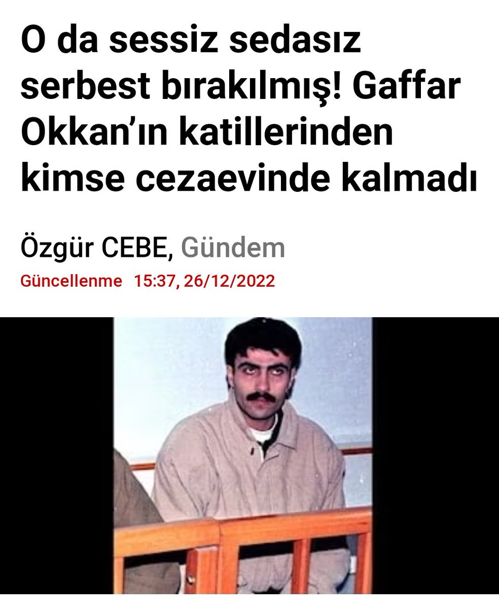 Ali Gaffar Okkan ve 5 koruma polisinin şehit edildiği saldırının faillerinden Ebuzer kod adlı Suat Çetin’in de yeniden yargılama gerekçesiyle tahliye edildiği ortaya çıktı. Böylece Okkan suikastı faillerinden tek kişi  bile cezaevinde kalmadı
<a href="/Polise3600/">POLİSE 3600 EK GÖSTERGE</a>
@turkpolsen
@Yalcindogan_
