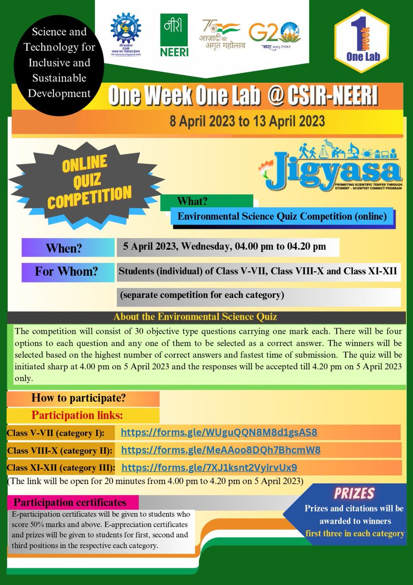 Link for Quiz 
V-VII Class : forms.gle/WUguQQN8M8d1gs…
VIII-X Class : forms.gle/MeAAoo8DQh7Bhc…
XI-XII Class : forms.gle/7XJ1ksnt2Vyirv…
<a href="/CSIR_IND/">CSIR, India</a> <a href="/dgcsirIndia/">DG, CSIR</a>