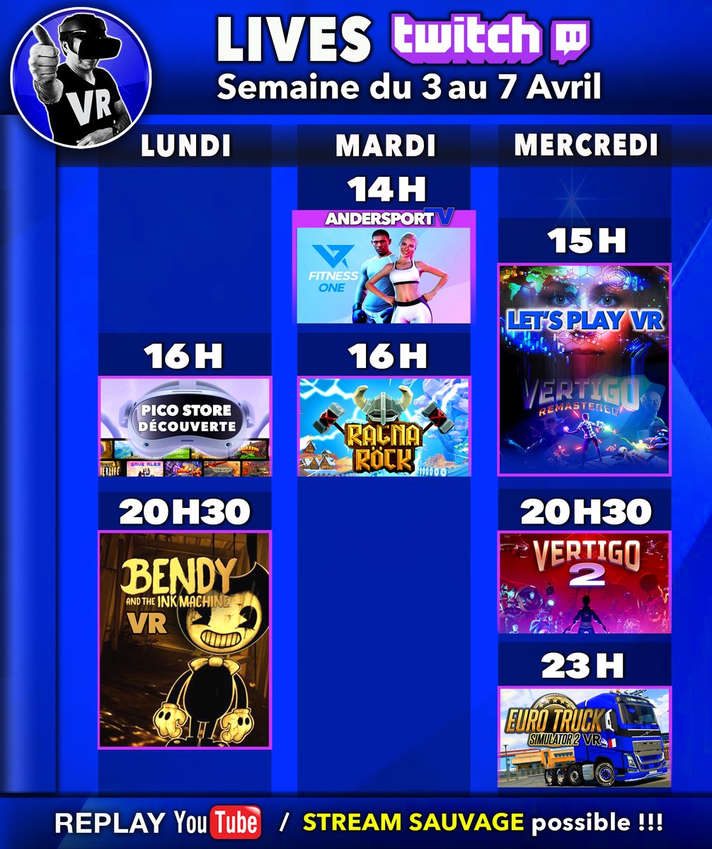 virtualgo34's tweet photo. ⏰ PLANNING du 3 au 7 AVRIL
🤟 N'hésite pas à T'ABONNER
🔴 Mes réseaux : https://t.co/7Fa3N7J5zX
#VirtualReality #RéalitéVirtuelle #Twitchfr #youtube #Pico4 #MetaQuest2 #ValveIndex #vr
#RagnarockVR #Ets2VR #Bendyandtheinkmachine #vrFitnessOne #vertigo #vertigo2 https://t.co/hNzELK84K6
