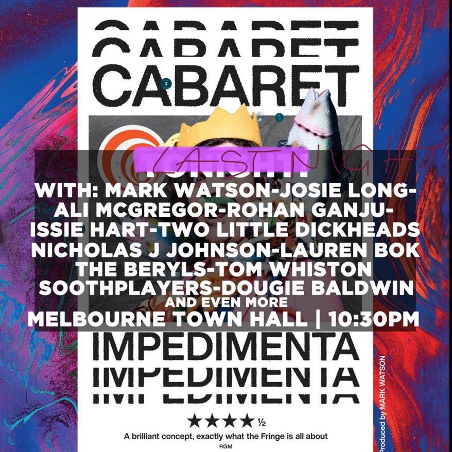 Gig 1 for the deeks was Cabaret Impedimenta - what an endless pile of chaotic joy this was. Thanks @jlukeroberts <a href="/watsoncomedian/">Mark Watson, still here but very much also Bluesky</a> <a href="/JosieLong/">Josie Long</a> <a href="/soothplayers/">Soothplayers</a> <a href="/JeroTheDetto/">Jeromaia Detto</a> <a href="/CountLustig/">Nicholas J. Johnson</a> <a href="/dougiebaldwin1/">Dougie</a> <a href="/bokla/">2 Lauren Boks and minimum chips</a> <a href="/tomwhistom/">tom whiston</a>  &amp; all the non Twit legends. No photo, no time, all chaos #micf