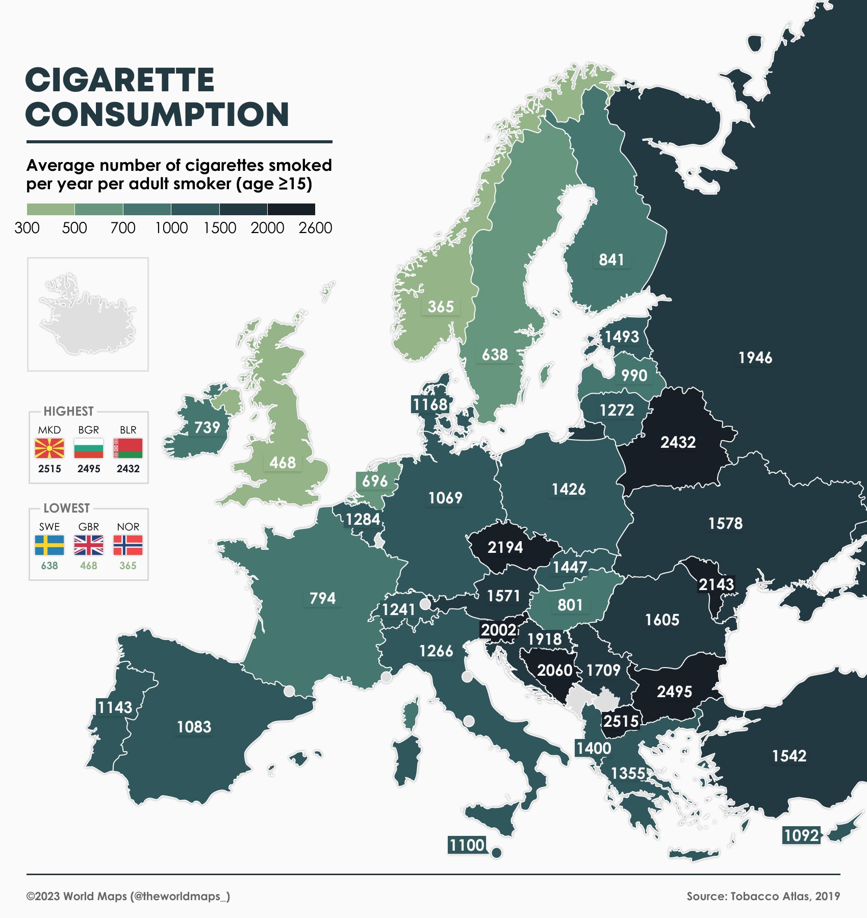 World Maps on Twitter "Average number of cigarettes smoked per year