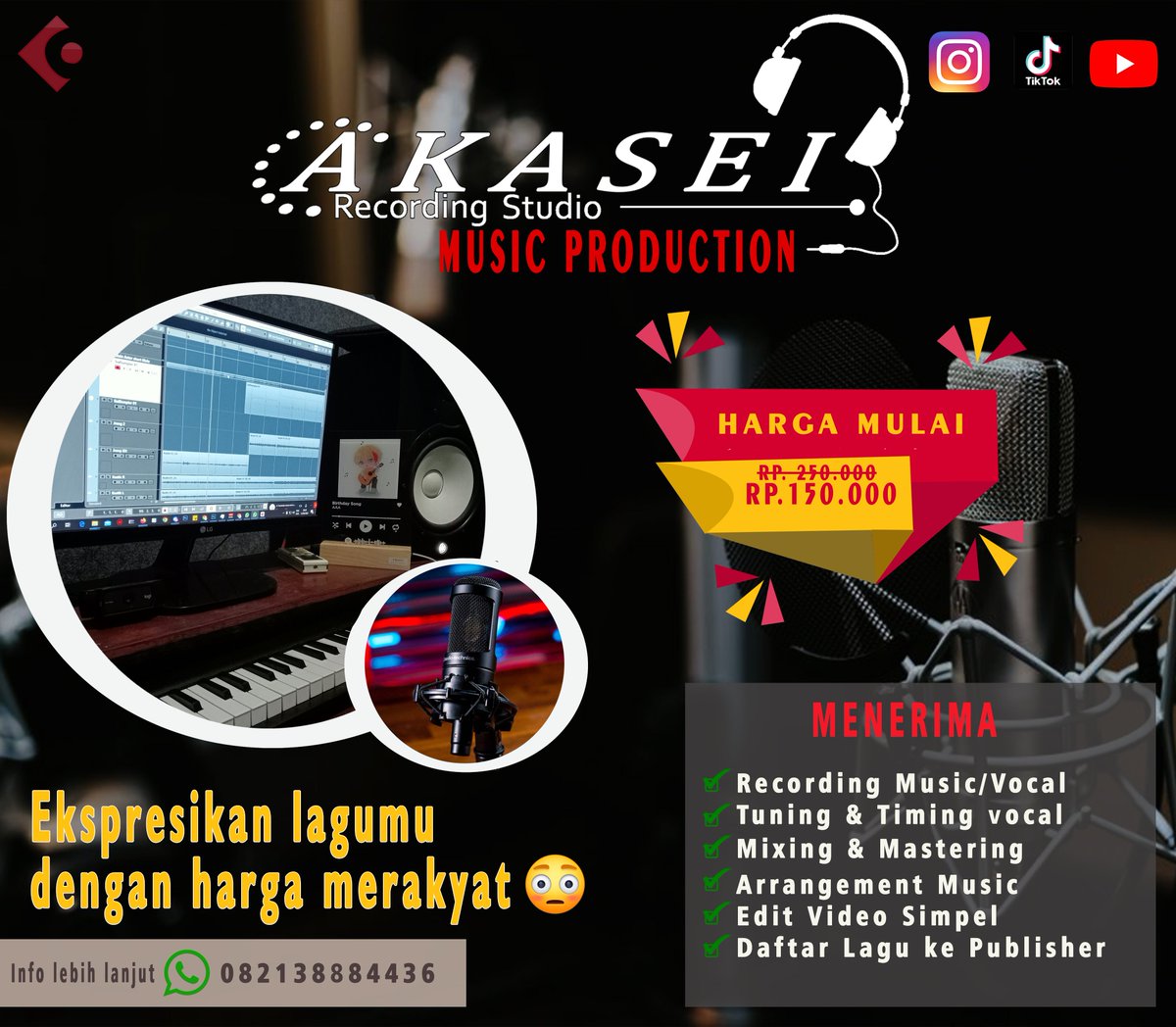 AkaseiCreative's tweet photo. Butuh jasa mixing dan mastering Vocal dan music?atau ingin mendaftaran lagu original Kamu?Silahkan langsung hubungi kami lewat DM atau cek Bio ya!!!

#mixing #mastering #studio #studiorekaman #palu #studiorekamanpalu #mixing #mastering #commisionsopen https://t.co/DF0SFwRt4m