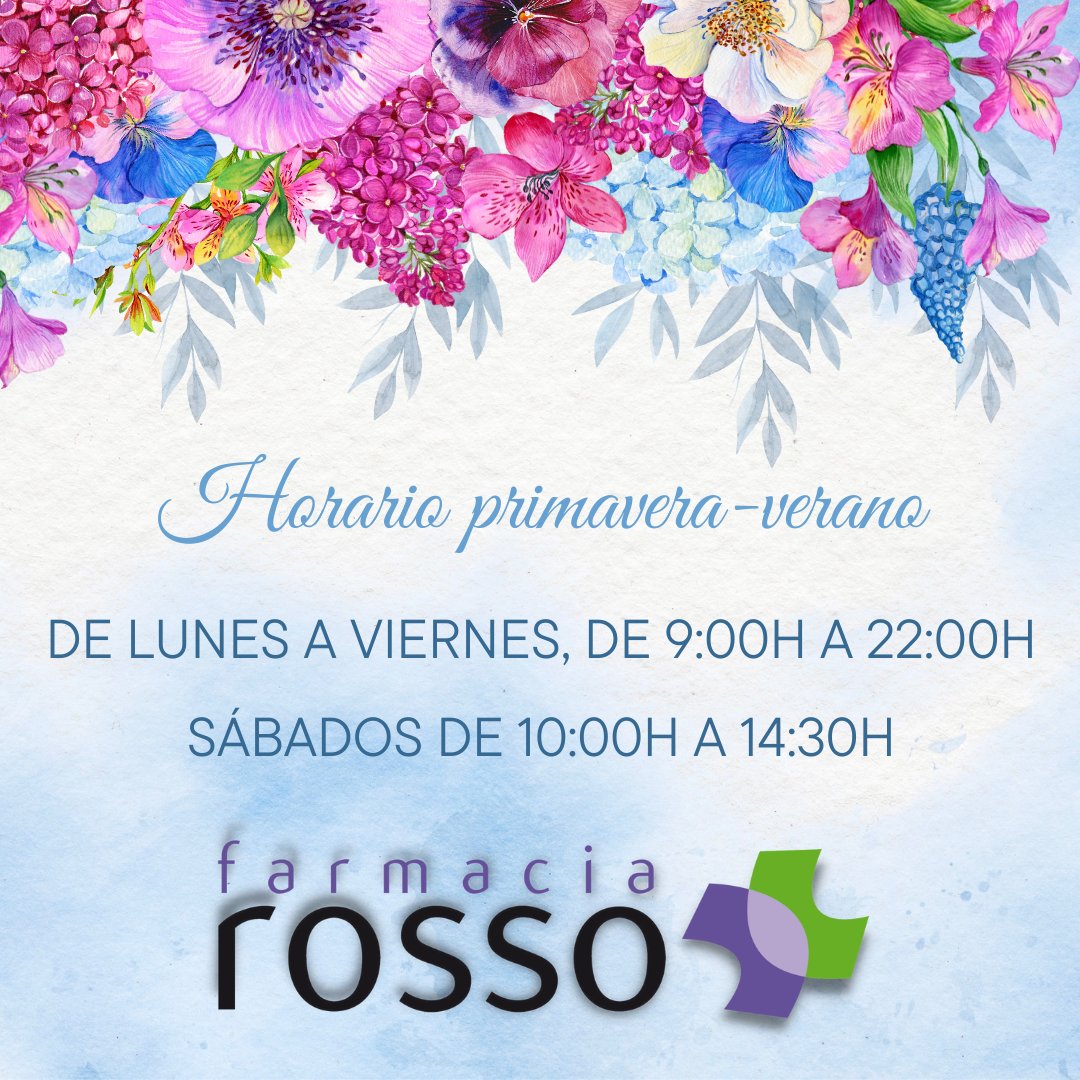 ¡IMPORTANTE!
Nuevo horario para la temporada primavera-verano:
📍DE LUNES A VIERNES, DE 9:00H A 22:00H
📍SÁBADOS DE 10:00H A 14:30H
Desde mañana en Farmacia Rosso.
#horario #farmacia #Melilla