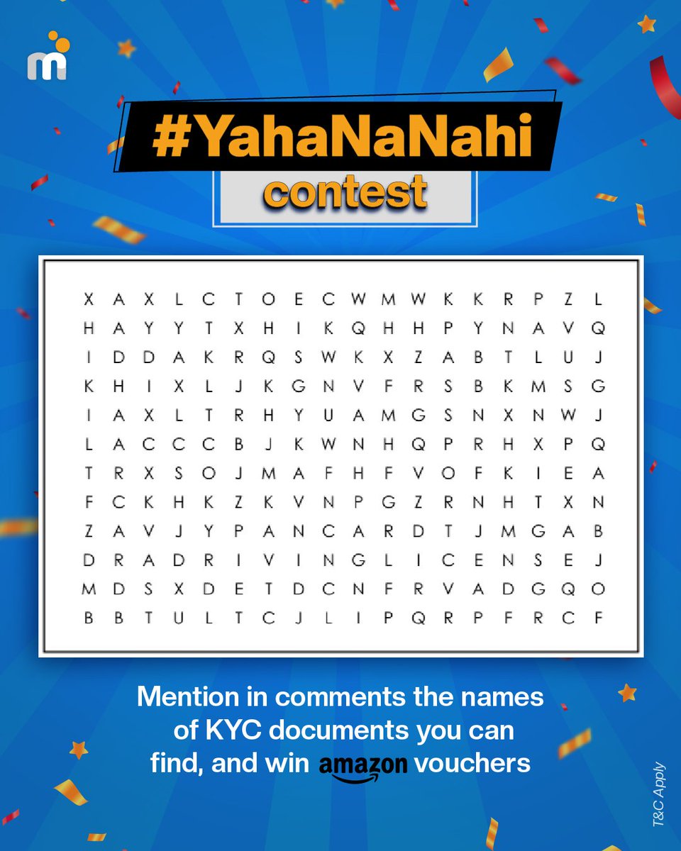 ⚡Contest Alert⚡Here's a way to test your KYC knowledge and also win <a href="/amazonIN/">Amazon India</a> vouchers. 
Follow these contest rules
🪪 Spot the names of KYC documents in the puzzle
🪪 Comment below all the names you can find
🪪 Tag more friends  and get them to join too

#contest #weekend