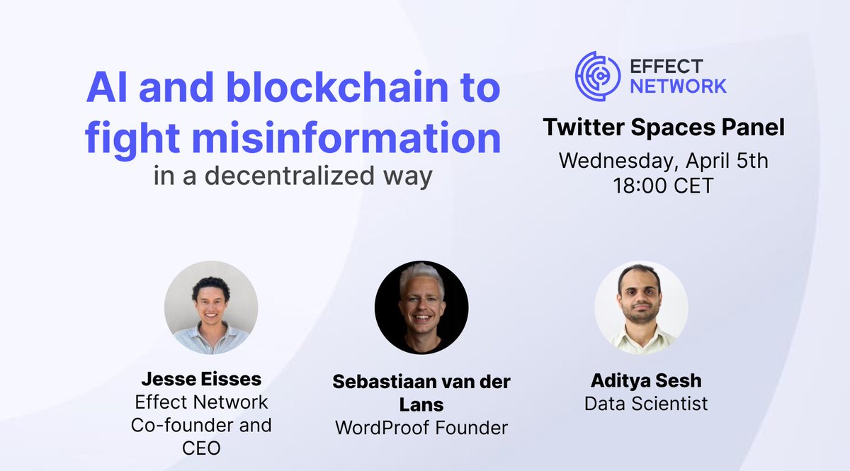 Join us in our next Twitter Spaces where we’ll discuss how #AI and #blockchain can fight misinformation in a #decentralized way 💥

Featuring our guests <a href="/delans/">Sebastiaan van der Lans 🇪🇺🏳️‍🌈</a>, @adyti_369, and @jesseeisses 👏🏻

x.com/i/spaces/1rmxP…