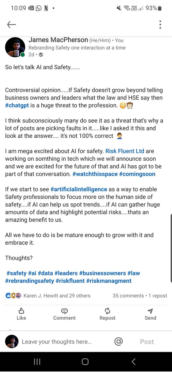 jamesmacpherso8's tweet image. #ArtificialIntelligence could be the end for #healthandsafetyprofessionals if they don&apos;t start providing value to business beyond telling them what the law and enforcement say. #Rebrandingsafety #riskfluent