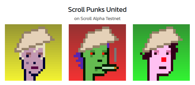 AxelFcrypto's tweet photo. Mint #scrollpunks #nft for free (Testnet-ETH) on Scroll Testnet and get them later on Mainnet:

https://t.co/32k7jUihrr https://t.co/l6oOJ3qEMB
