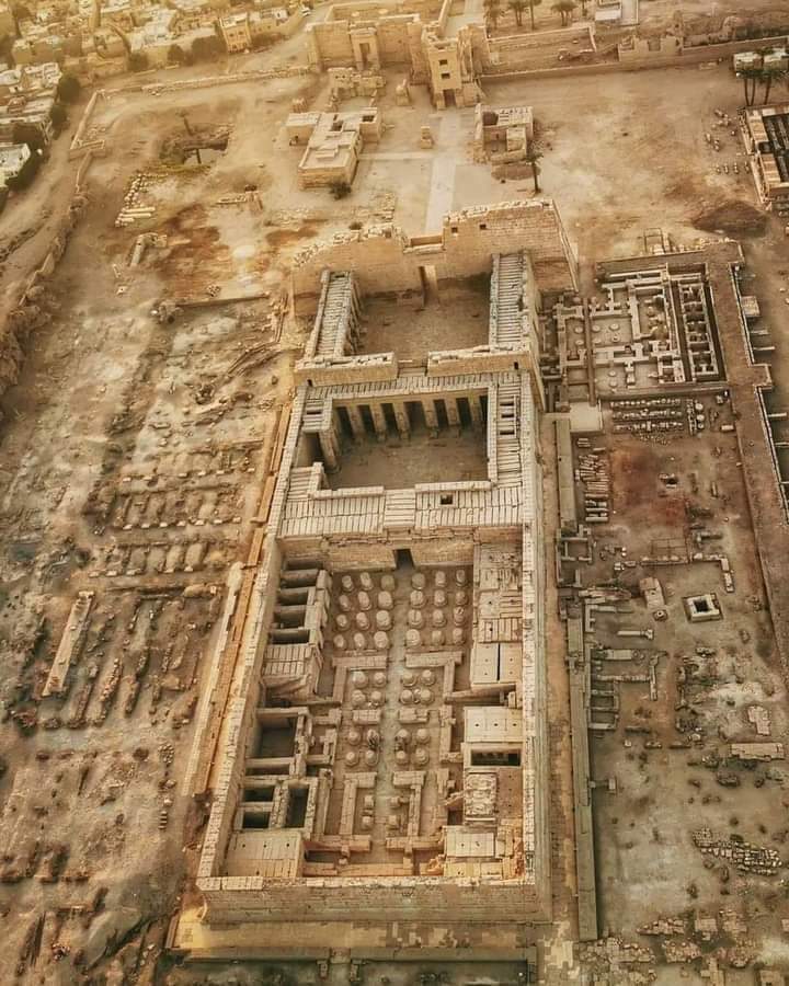 Aerial view of the Temple of Ramses lll at Medinet Habu, Luxor, Egypt.