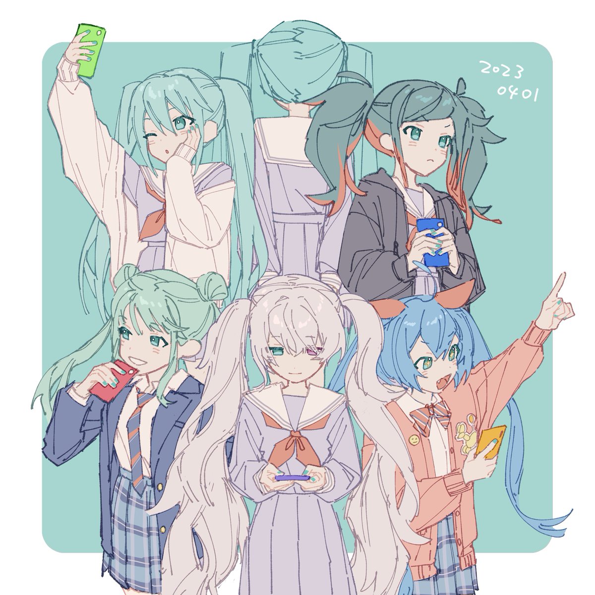 初音ミク 「エイプリルフールの制服ミクさんたち 」|かいわれのイラスト