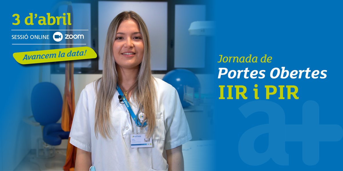 althaiamanresa's tweet photo. ‼️ AIXÒ ÉS DEMÀ | Jornada de #PortesObertes virtual adreçada a futurs residents d'#infermeria i #psicologia
Connecta't a la sessió via Zoom
⬇️⬇️
https://t.co/fdLk5d7hBw
#residentsALTHAIA #althaiamanresa #MIR #PIR #IIR #EIR #EIR2023 #IIR2023 #EIR23 #IIR23 #2mir23 https://t.co/9m2IBBbgf5