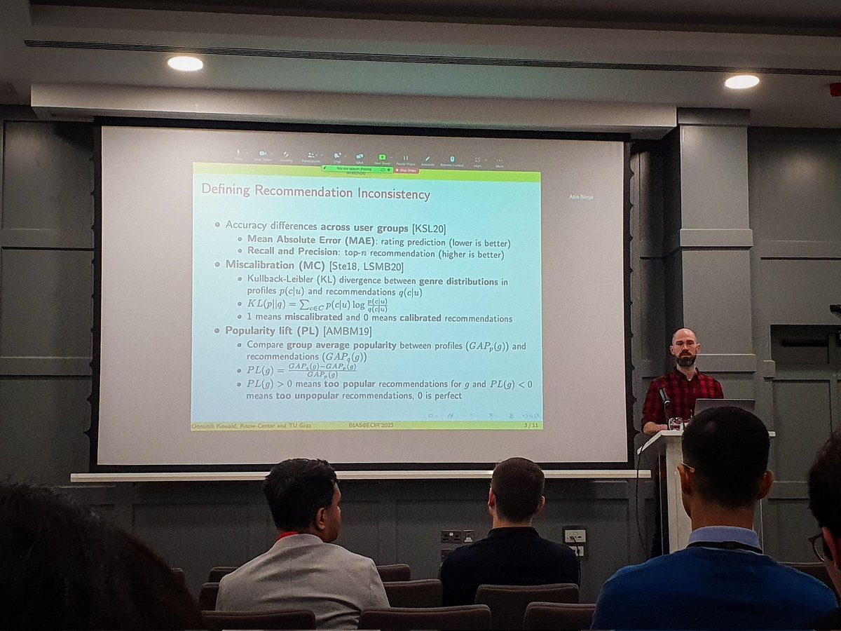 First of our 3 papers presented by @dkowald1 at @ecir2023 #bias workshop on  #accuracy, #miscalibration , and #popularity bias in #recsys 

You can check out the paper from our #FairAI group here: arxiv.org/abs/2303.00400
