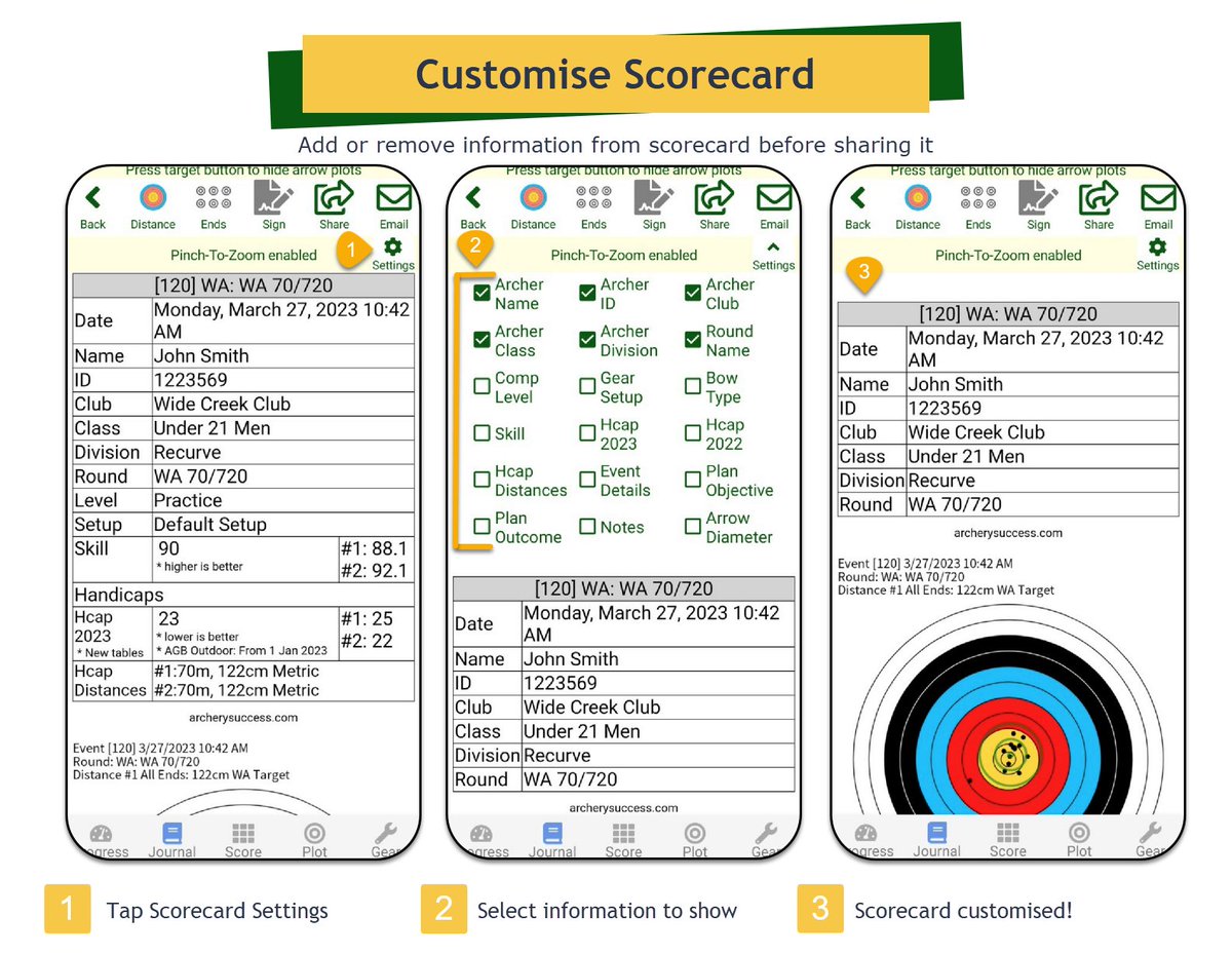 ArcherySuccess's tweet photo. 📢‼️New Release of #ArcherySuccess‼️ V4.90
Customise your scorecard:
🔹On Scorecard, tap settings
🔹Tick or untick to add or remove information
See screenshots below
‼️ Update now ‼️
#TargetArchery #RecurveBow #CompoundBow #Longbow #Crossbow #Barebow #Flatbow #TraditionalBow https://t.co/D0Si146Brt
