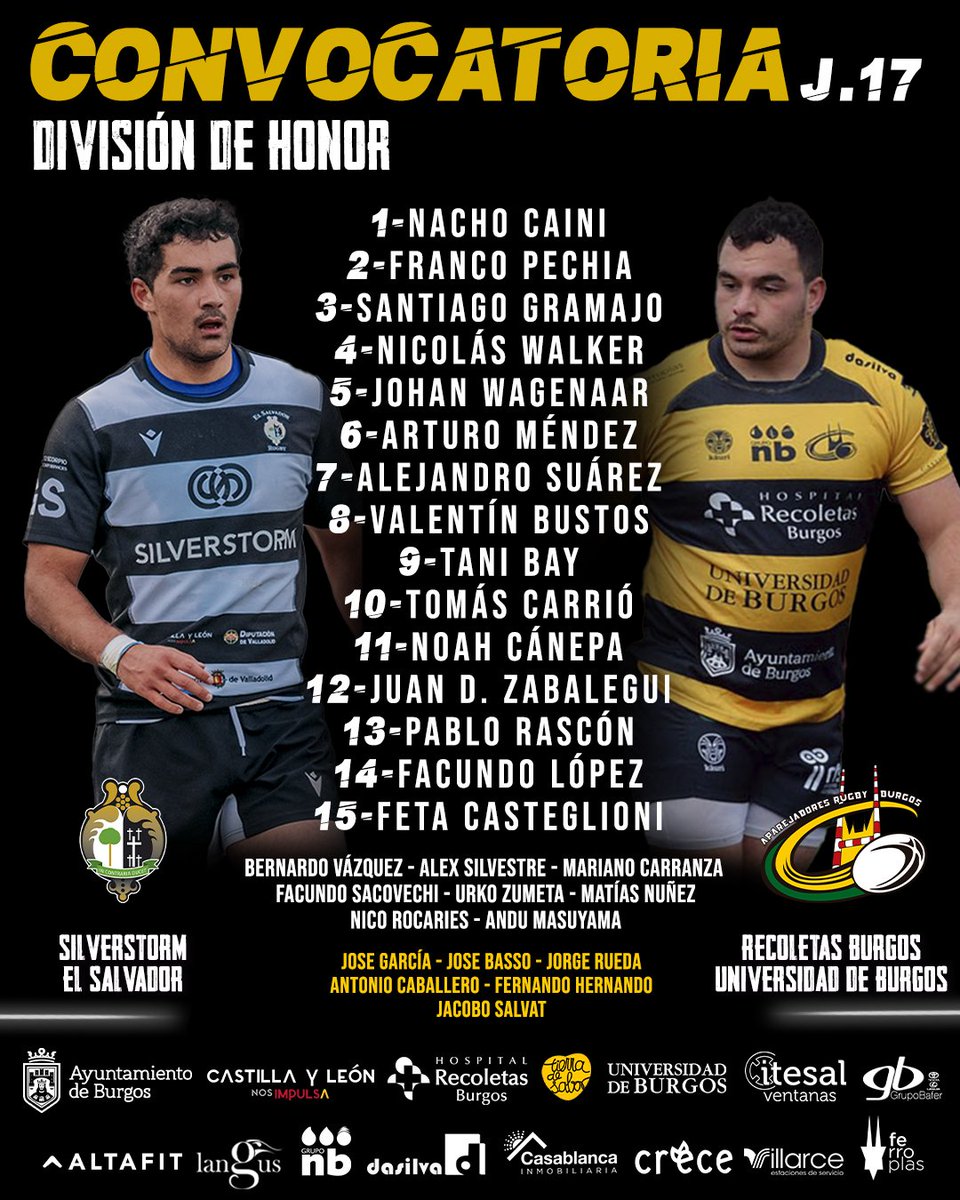 💥 Convocatoria 
1️⃣7️⃣ Jornada de División de Honor 
🆚️ <a href="/Chami_Rugby/">Club de Rugby El Salvador🏉</a>
🏟 Pepe Rojo
⏰ 12:00h
📺 Síguelo <a href="/ferugby/">España Rugby</a> .TV
💛🖤💛
💪🏼 #Nosgustanlosretos 
💛 #Tierradesabor 
🏉 #TierradeRugby