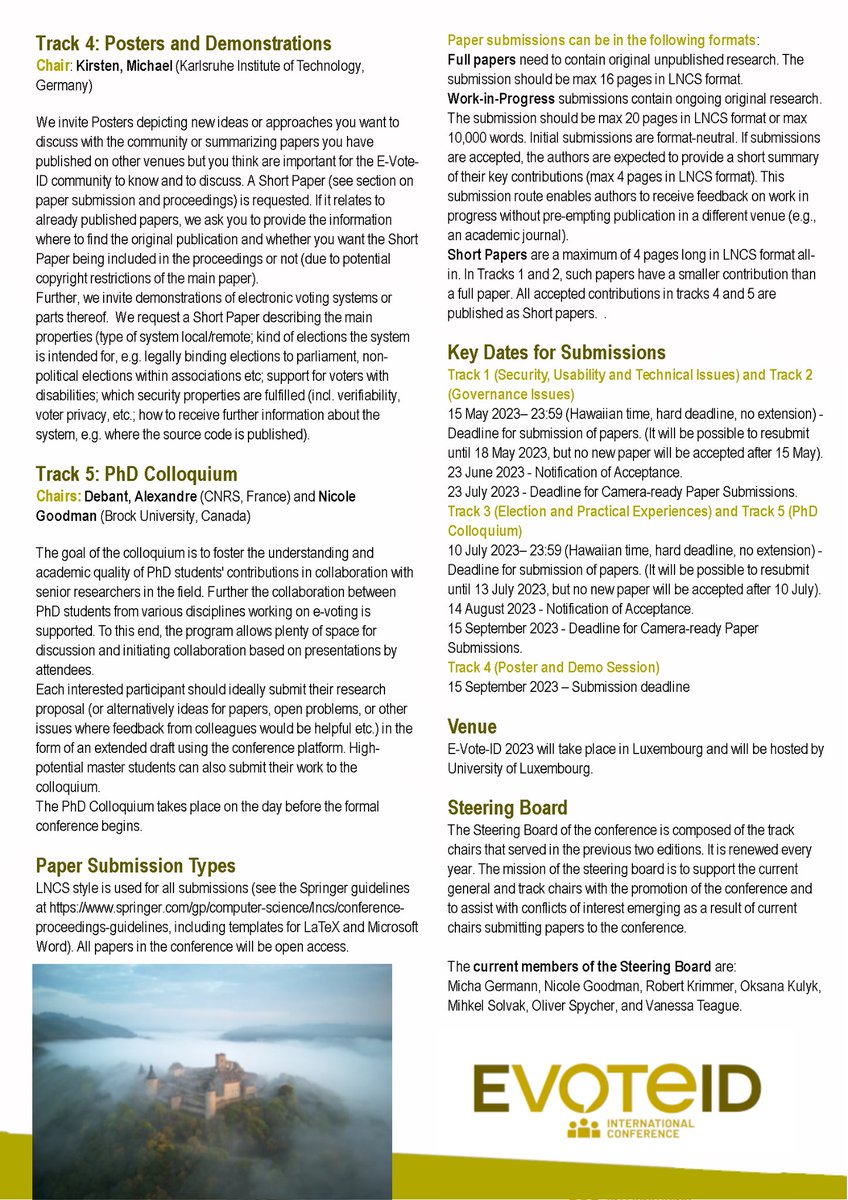 EVoteID's tweet image. Reminder that the deadline for papers for the Technical and Governance Tracks for #EvoteID2023 is only 1,5 months away (May 15)! Don&apos;t miss the date and submit your paper. #evoting #internetvoting #eDemocracy #electoralmanagement #cryptography #cybersecurity #trust