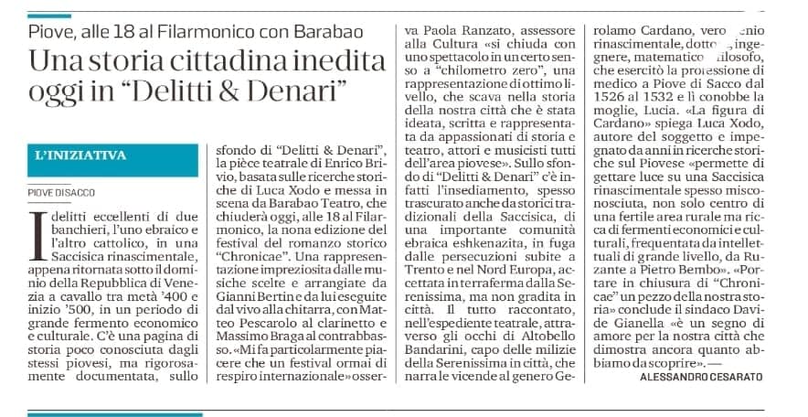 sugarpulp's tweet photo. Grazie ad Alessandro Cesarato del Mattino di Padova per questo bell'articolo sullo spettacolo di oggi che chiude la IX edizione di #Chronicae, Festival Internazionale del Romanzo Storico. Ci vediamo a Piove di Sacco! https://t.co/oXxPKTcSg7