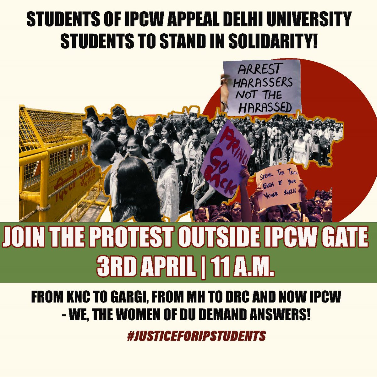 anjali__27's tweet photo. Student's of IPCW appeal Delhi University students to stand in solidarity! 

From KNC to Gargi, from MH to DRC and now IPCW — We, the women of DU demand answers! 

Join the protest at IPCW gate | 3rd April | 11 a.m

#justiceforipstudents https://t.co/m2D8DyRPGK