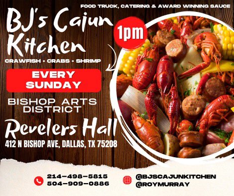 MurrayProject's tweet image. * FUNDAY SUNDAY  CRAWFISH 🦞 * 

###LOUISIANA BEST###

BJS CAJUN KITCHEN
 
Revelers Hall - Popup Tent

412 N Bishop Ave, Dallas, TX 75208 WHEN: EVERY SUNDAY 1PM-UNTIL
Crawfish 🦞 Shrimp 🍤 &amp;amp; Crab 🦀 Boil  Corn 🌽 , Potatoes 🥔 &amp;amp; Sausage  GUMBO

MENU: 
bjscajunkitchen.com/menu.html