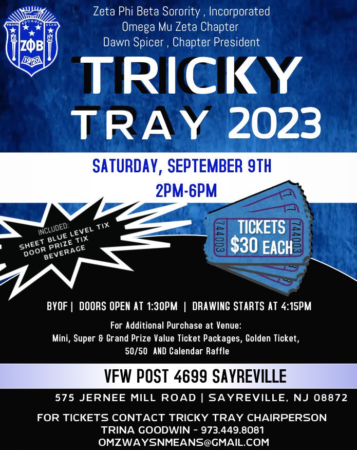 OmegaMuZeta1920's tweet photo. π£The wait is over!! Tricky Tray is BACK!! π£
Join us for Tricky Tray 2023!!
If youβve been before you know this is not to be missed! Get your tickets at https://t.co/2JIRj4iF28
This event will surely sell out!
#OMZtrickytray #ZetaPhiBeta #ZPhiB #OmegaMuZeta #FinerInfluencers https://t.co/pd0tnFl0bh