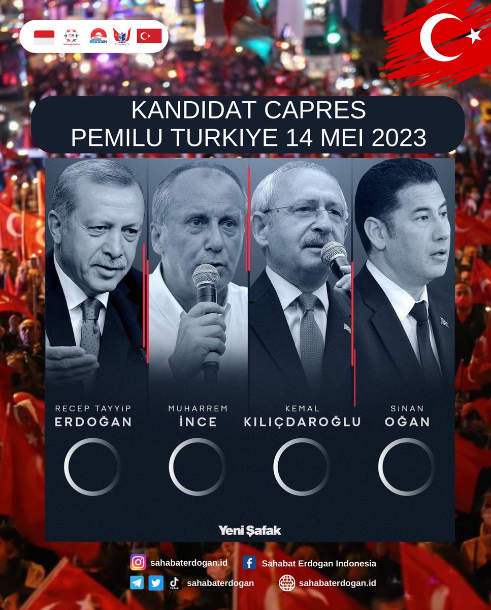 Update Kandidat Capres Pemilu Turkiye 2023 

1➖RECEP TAYYİP ERDOĞAN
2➖MUHARREM İNCE
3➖KEMAL KILIÇDAROĞLU
4➖SİNAN OĞAN

Source : <a href="/yenisafak/">Yeni Şafak</a>

#gündem #haber #erdoğan #kılıçdaroğlu #muharremince #sinanoğan #seçim