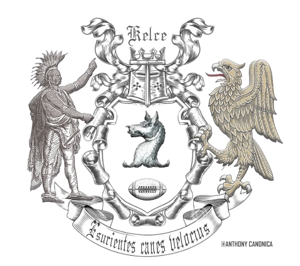 anthony_canox's tweet photo. Kelce Family Coat of Arms, mentioned on @newheightshow where @JasonKelce and @tkelce talk about possible tattoo ideas. from the great Eagle to the noble Native American Chief, the brothers love for family and football, with "Hungry dogs run faster" in Latin on the banner. https://t.co/t31TN85hkU