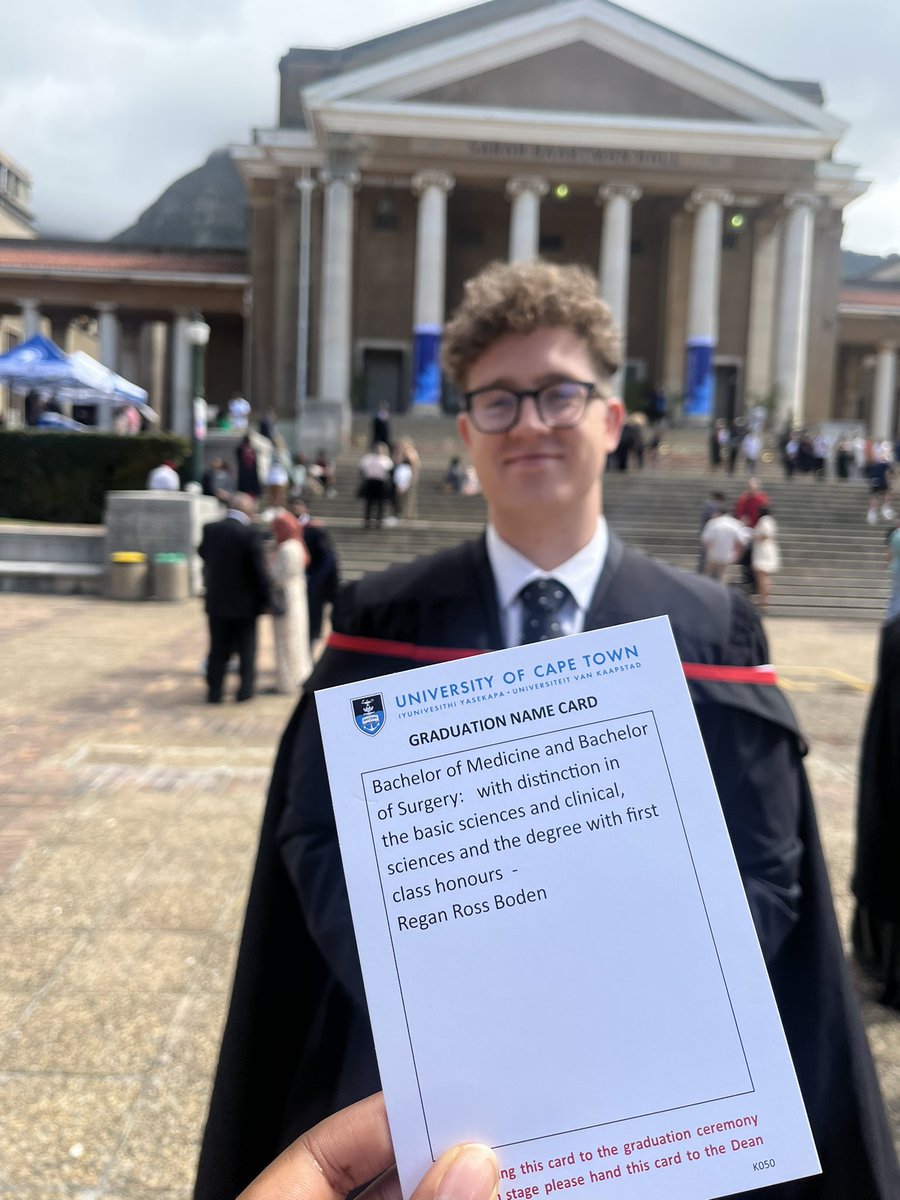 boden_regan's tweet photo. Blessed this week to graduate with my MBChB with distinction in the basic sciences, distinction in the clinical sciences and the degree with first class honours (summa cum laude) from @UCT_news . 

Here’s to serving as a medical doctor, and to future graduation ceremonies! https://t.co/iXZhOifYfT
