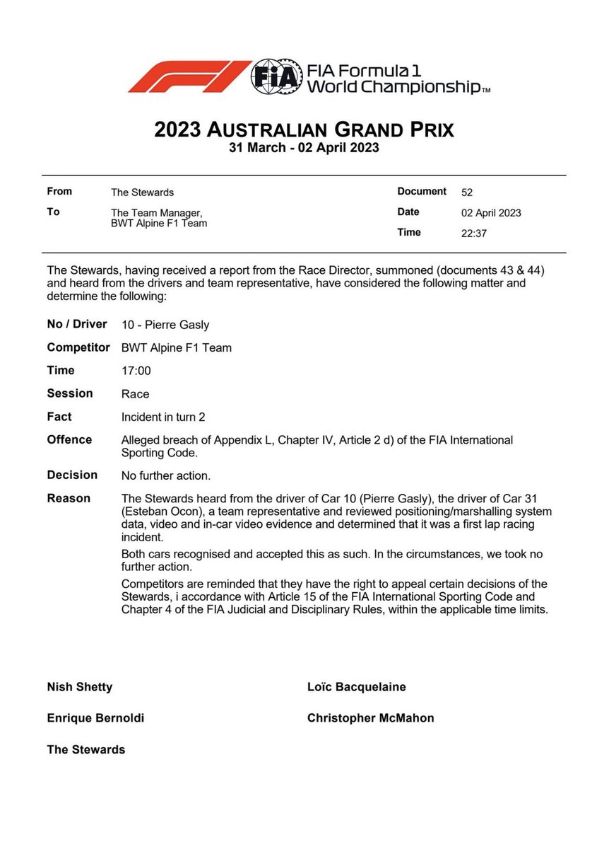 GaslyNews's tweet photo. 🔴 La FIA a jugé que l'accrochage entre Pierre et Esteban n'était qu'un incident de course.

Par conséquent, Pierre ne sera pas pénalisé et pourra disputer l'#AzerbaijanGP. 

(@fiadocsbot) #F1 #Alpine #AusGP https://t.co/aZZUylUwIm