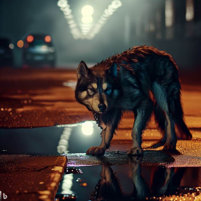 a photograph capturing a wolf in a pose in a dim light street and a big reflection in a puddle on the ground, there is a slight haze in the air, and you know something is about to happen, there is anticipation. It's like a scene from a Hollywood movie, high production value, anthropomorphic lens glare --ar 1:2