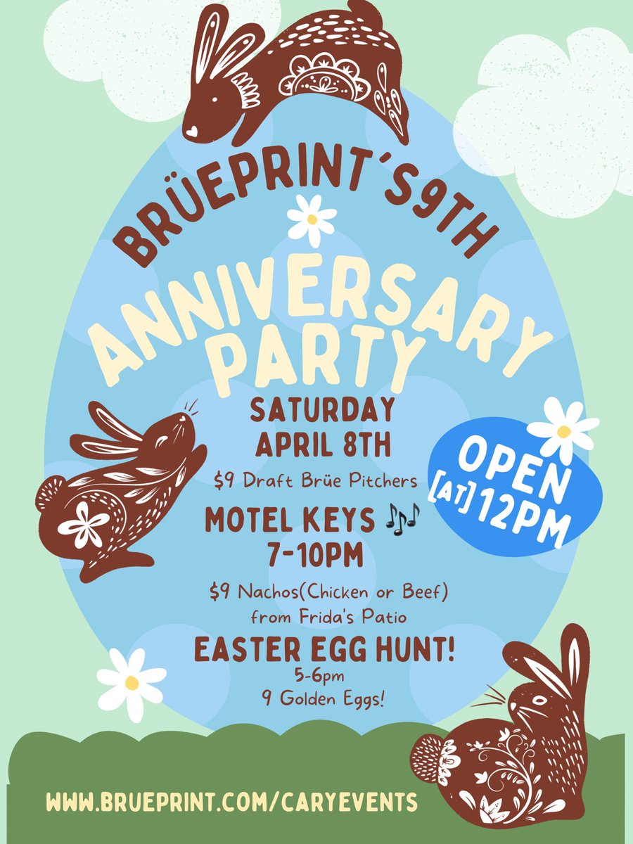 Brüeprint’s birthday is next Saturday… and we’re celebrating 🐰🌸🐣🎶🍻
Come to the Taproom - open at noon - for music, food, fun, and great Brües!

#carync #brueprintbrewing #nccraftbeer #drinklocalnc #ncbrewery #livemusic