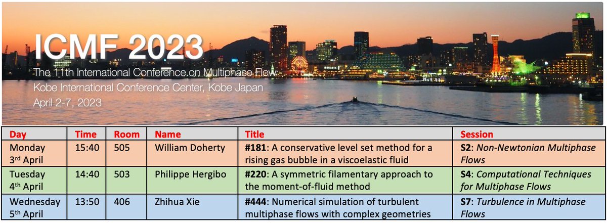 Finally in #Kobe for #ICMF2023 with my two PhD students (Will and Phil). It's great to meet many old and new friends, especially <a href="/MatarLab/">Matar Fluids Group</a>. We have talks in first three days covering different topics and feel free to join if you are interested.

#CFD #Multiphase #Turbulence #FSI