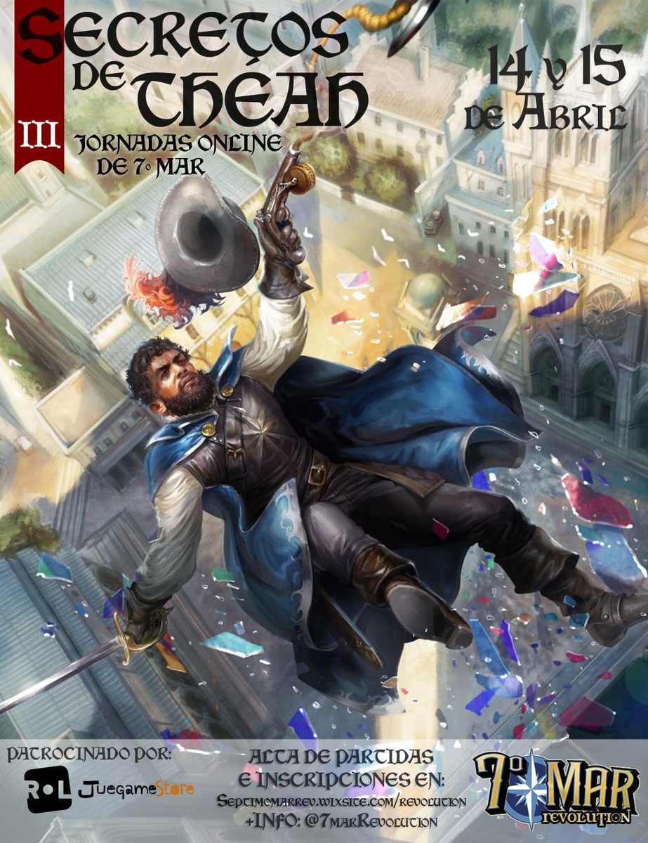 Buenas, conspiradores. Los días 14 y 15 de Abril celebraremos nuestras terceras jornadas online Secretos de Theah. En ellas tendremos partidas y charlas sobre nuestro juego favorito. Os esperamos para participar en nuestro canal de Discord.