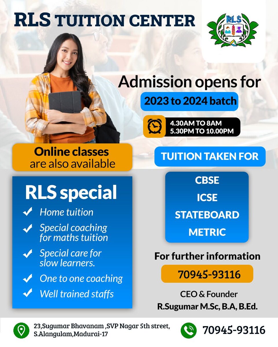 rlstuitionmdu's tweet image. "Enroll now for a brighter future! Join RLS tuition center and take the first step towards academic excellence."

#rlstuitioncenter #rlssugumar #hometuition #mathstuition #tuitioncenterinmadurai #besttuitioncenterinmadurai #hometuition #learningcenter #10thtuitioncenter